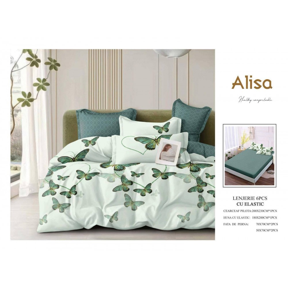 Set Lenjerie Eleganta 6 piese cu elastic din Bumbac Finet, Cearceaf de pat 180x200cm, Pat 2 Persoane, ALI4 Lenjerii din finet 6 piese cu  elastic