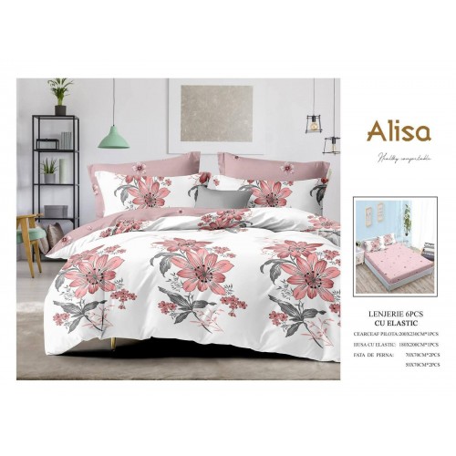 Set Lenjerie Eleganta 6 piese cu elastic din Bumbac Finet, Cearceaf de pat 180x200cm, Pat 2 Persoane, ALI5