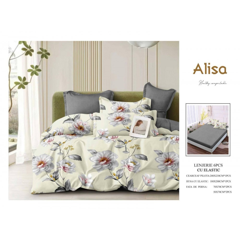 Set Lenjerie Eleganta 6 piese cu elastic din Bumbac Finet, Cearceaf de pat 180x200cm, Pat 2 Persoane, ALI6 Lenjerii din finet 6 piese cu  elastic