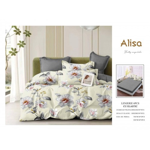 Set Lenjerie Eleganta 6 piese cu elastic din Bumbac Finet, Cearceaf de pat 180x200cm, Pat 2 Persoane, ALI6