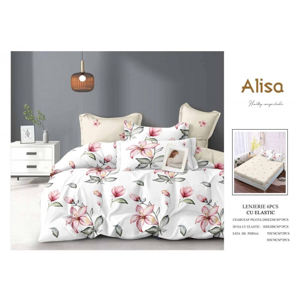 Set Lenjerie Eleganta 6 piese cu elastic din Bumbac Finet, Cearceaf de pat 180x200cm, Pat 2 Persoane, ALI7 Lenjerii din finet 6 piese cu  elastic