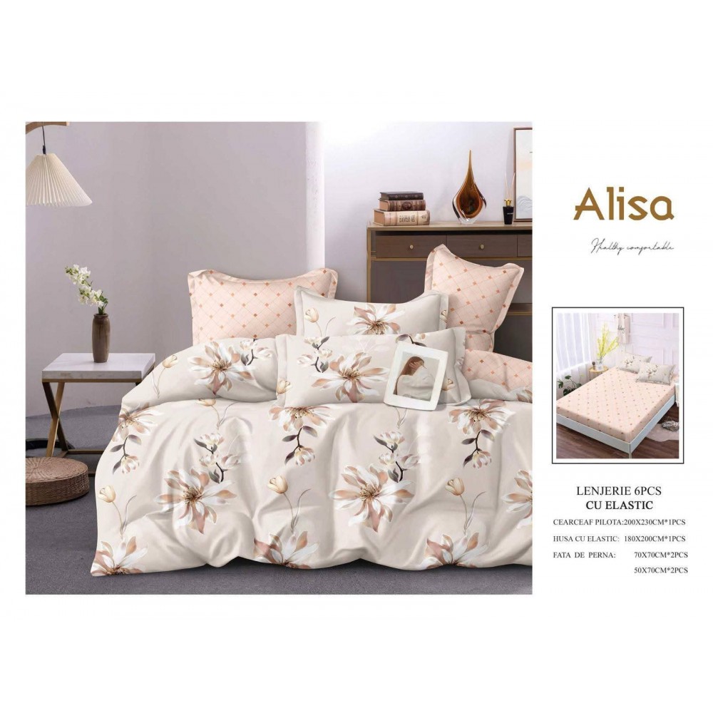 Set Lenjerie Eleganta 6 piese cu elastic din Bumbac Finet, Cearceaf de pat 180x200cm, Pat 2 Persoane, ALI8 Lenjerii din finet 6 piese cu  elastic