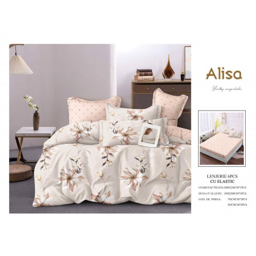 Set Lenjerie Eleganta 6 piese cu elastic din Bumbac Finet, Cearceaf de pat 180x200cm, Pat 2 Persoane, ALI8
