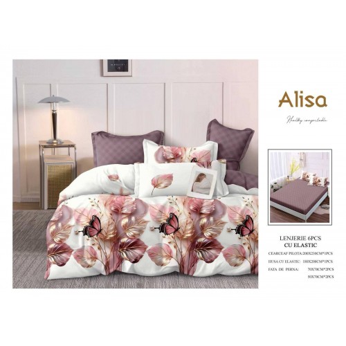 Set Lenjerie Eleganta 6 piese cu elastic din Bumbac Finet, Cearceaf de pat 180x200cm, Pat 2 Persoane, ALI9