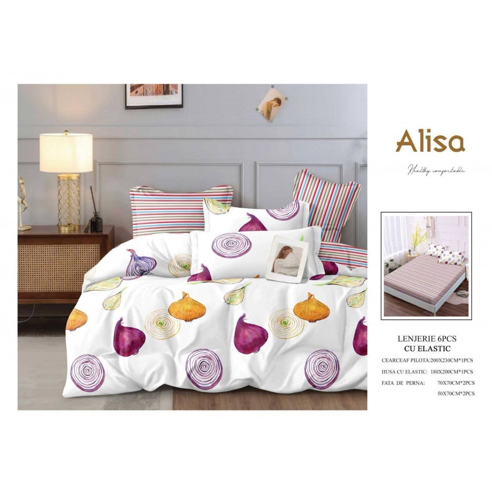 Set Lenjerie Eleganta 6 piese cu elastic din Bumbac Finet, Cearceaf de pat 180x200cm, Pat 2 Persoane, ALI10 Lenjerii din finet 6 piese cu  elastic