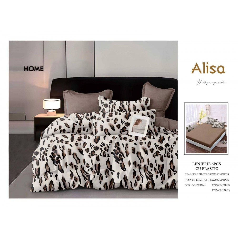 Set Lenjerie Eleganta 6 piese cu elastic din Bumbac Finet, Cearceaf de pat 180x200cm, Pat 2 Persoane, ALI11 Lenjerii din finet 6 piese cu  elastic