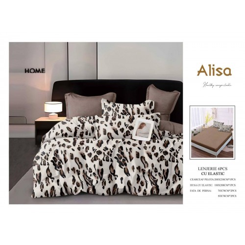 Set Lenjerie Eleganta 6 piese cu elastic din Bumbac Finet, Cearceaf de pat 180x200cm, Pat 2 Persoane, ALI11