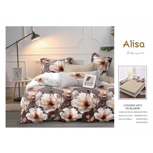 Set Lenjerie Eleganta 6 piese cu elastic din Bumbac Finet, Cearceaf de pat 180x200cm, Pat 2 Persoane, ALI12