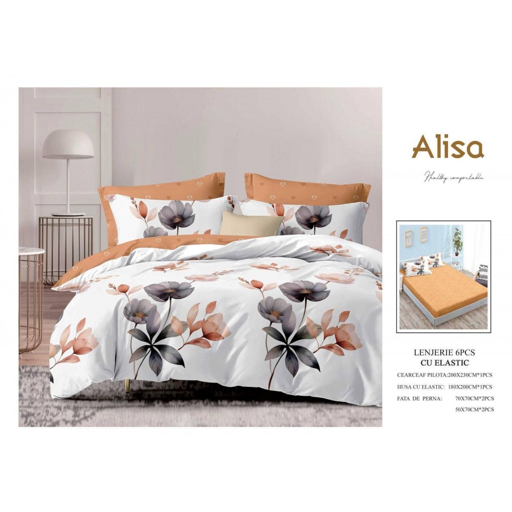 Set Lenjerie Eleganta 6 piese cu elastic din Bumbac Finet, Cearceaf de pat 180x200cm, Pat 2 Persoane, ALI13 Lenjerii din finet 6 piese cu  elastic
