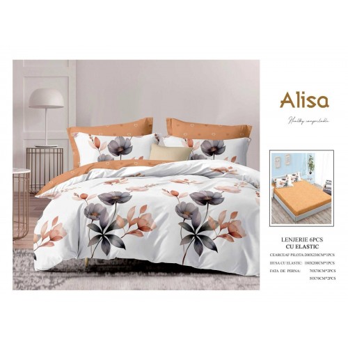 Set Lenjerie Eleganta 6 piese cu elastic din Bumbac Finet, Cearceaf de pat 180x200cm, Pat 2 Persoane, ALI13