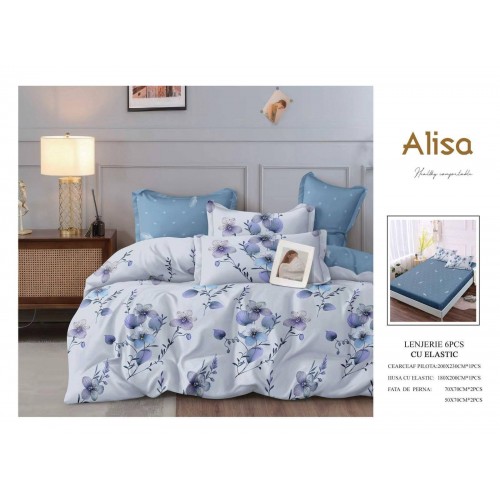 Set Lenjerie Eleganta 6 piese cu elastic din Bumbac Finet, Cearceaf de pat 180x200cm, Pat 2 Persoane, ALI14