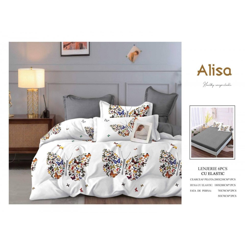 Set Lenjerie Eleganta 6 piese cu elastic din Bumbac Finet, Cearceaf de pat 180x200cm, Pat 2 Persoane, ALI15 Lenjerii din finet 6 piese cu  elastic