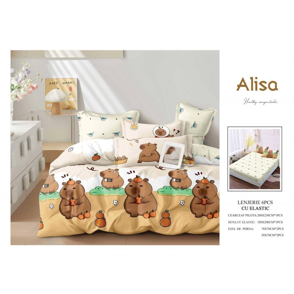 Set Lenjerie Eleganta 6 piese cu elastic din Bumbac Finet, Cearceaf de pat 180x200cm, Pat 2 Persoane, ALI16 Lenjerii din finet 6 piese cu  elastic