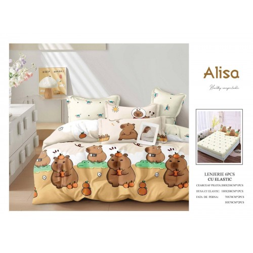 Set Lenjerie Eleganta 6 piese cu elastic din Bumbac Finet, Cearceaf de pat 180x200cm, Pat 2 Persoane, ALI16