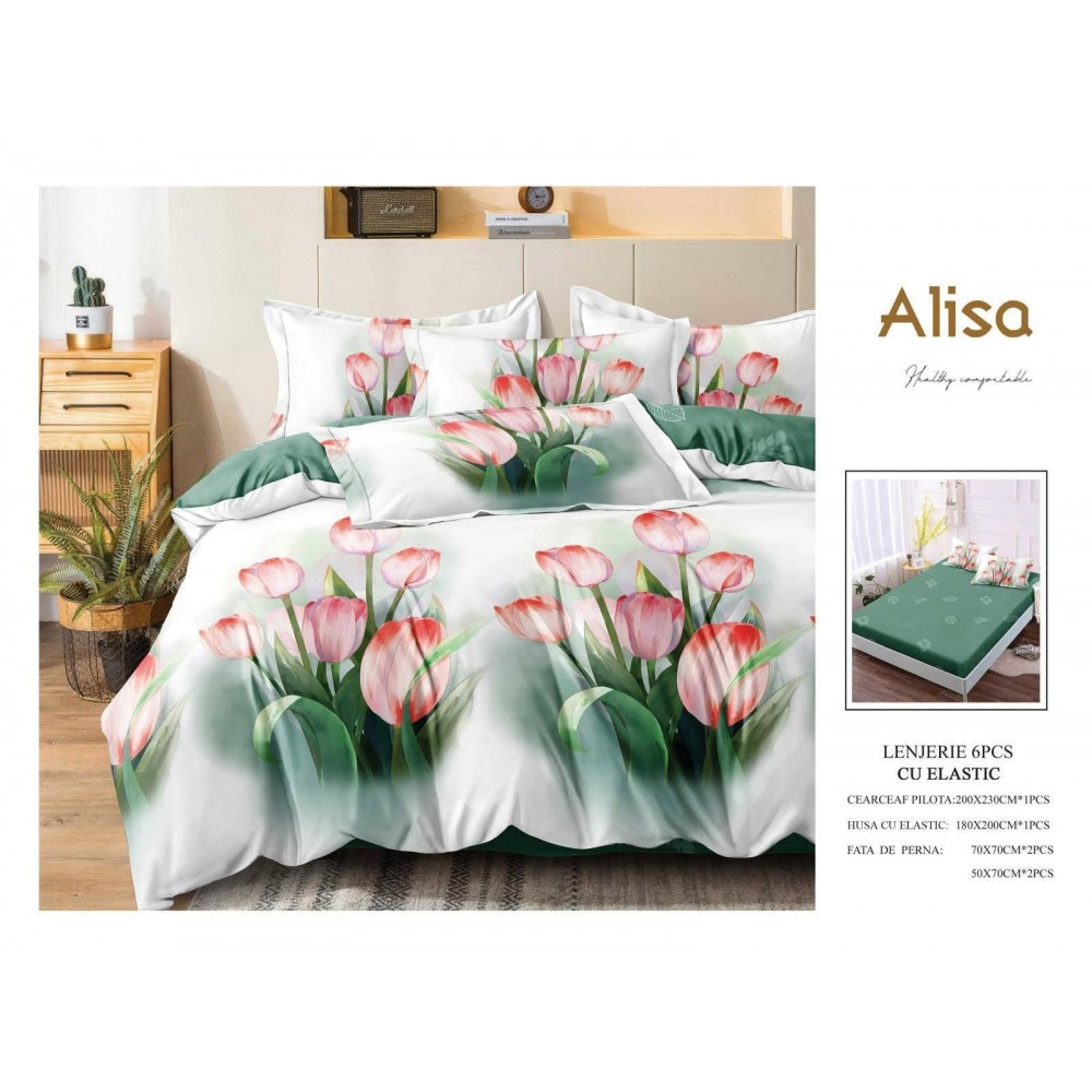 Set Lenjerie Eleganta 6 piese cu elastic din Bumbac Finet, Cearceaf de pat 180x200cm, Pat 2 Persoane, ALI17 Lenjerii din finet 6 piese cu  elastic