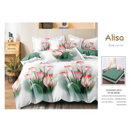 Set Lenjerie Eleganta 6 piese cu elastic din Bumbac Finet, Cearceaf de pat 180x200cm, Pat 2 Persoane, ALI17