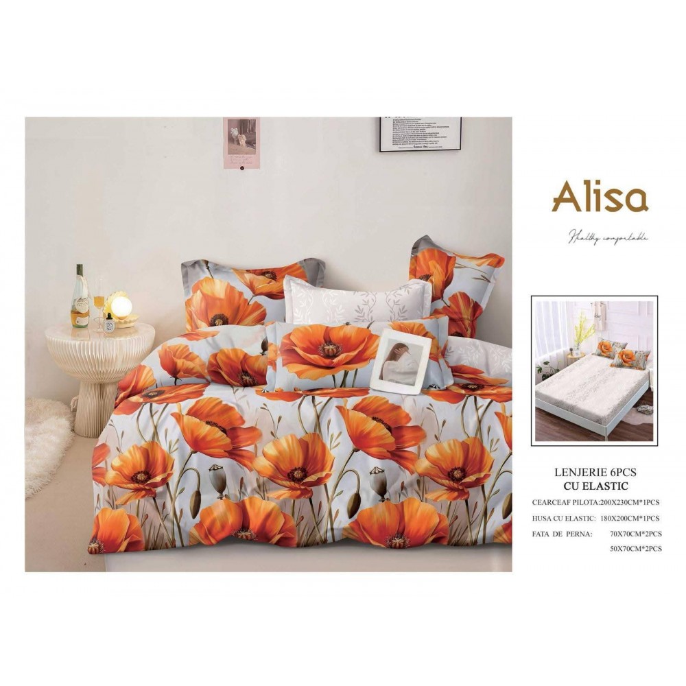 Set Lenjerie Eleganta 6 piese cu elastic din Bumbac Finet, Cearceaf de pat 180x200cm, Pat 2 Persoane, ALI18 Lenjerii din finet 6 piese cu  elastic