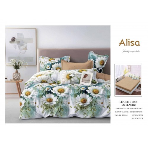 Set Lenjerie Eleganta 6 piese cu elastic din Bumbac Finet, Cearceaf de pat 180x200cm, Pat 2 Persoane, ALI19