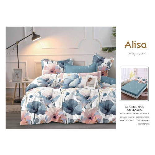 Set Lenjerie Eleganta 6 piese cu elastic din Bumbac Finet, Cearceaf de pat 180x200cm, Pat 2 Persoane, ALI20