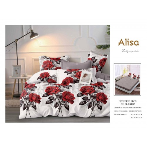 Set Lenjerie Eleganta 6 piese cu elastic din Bumbac Finet, Cearceaf de pat 180x200cm, Pat 2 Persoane, ALI21