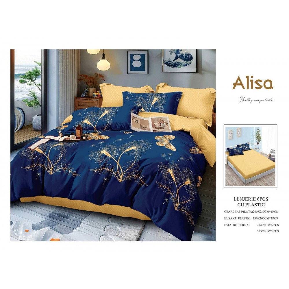 Set Lenjerie Eleganta 6 piese cu elastic din Bumbac Finet, Cearceaf de pat 180x200cm, Pat 2 Persoane, ALI22 Lenjerii din finet 6 piese cu  elastic