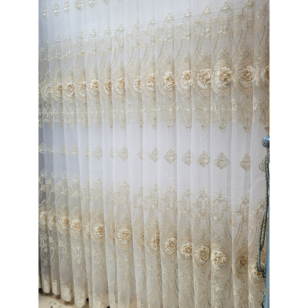 SET Perdea brodata FLORI 3D cu catifea CREM 300CM X 280 CM PF3D1