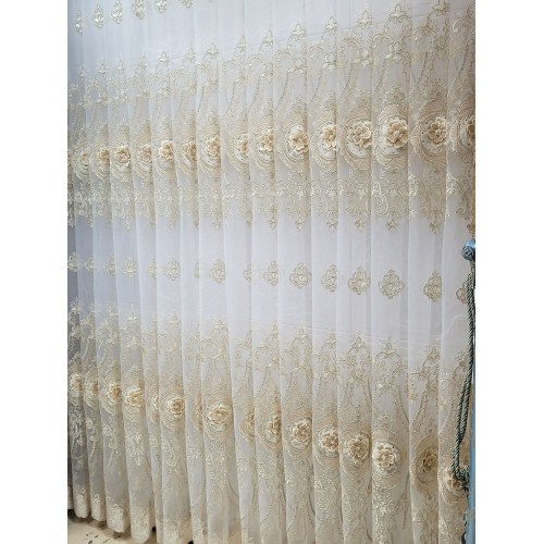 SET Perdea brodata FLORI 3D cu catifea CREM 300CM X 280 CM PF3D1