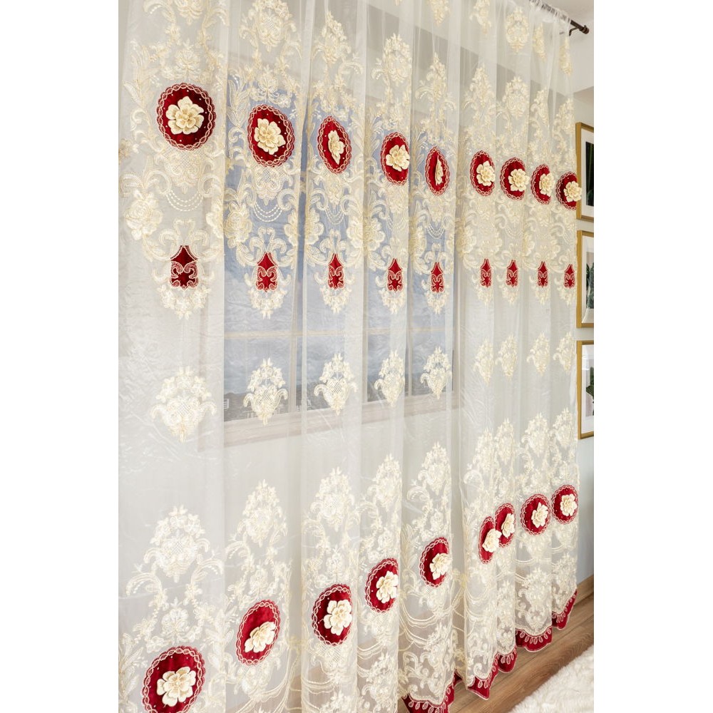 SET Perdea brodata FLORI 3D cu catifea BORDO 300CM X 280 CM PF3D2 DRAPERII