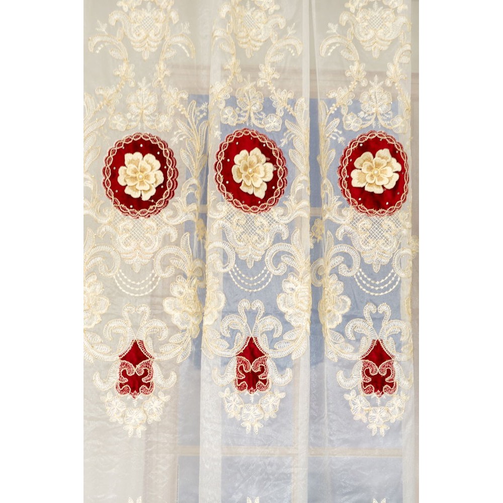 SET Perdea brodata FLORI 3D cu catifea BORDO 300CM X 280 CM PF3D2 DRAPERII