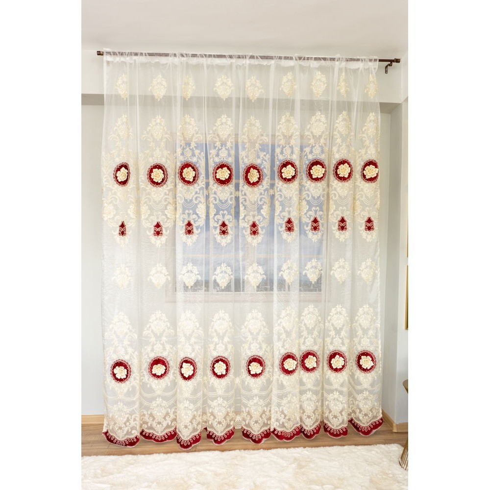 SET Perdea brodata FLORI 3D cu catifea BORDO 300CM X 280 CM PF3D2 DRAPERII