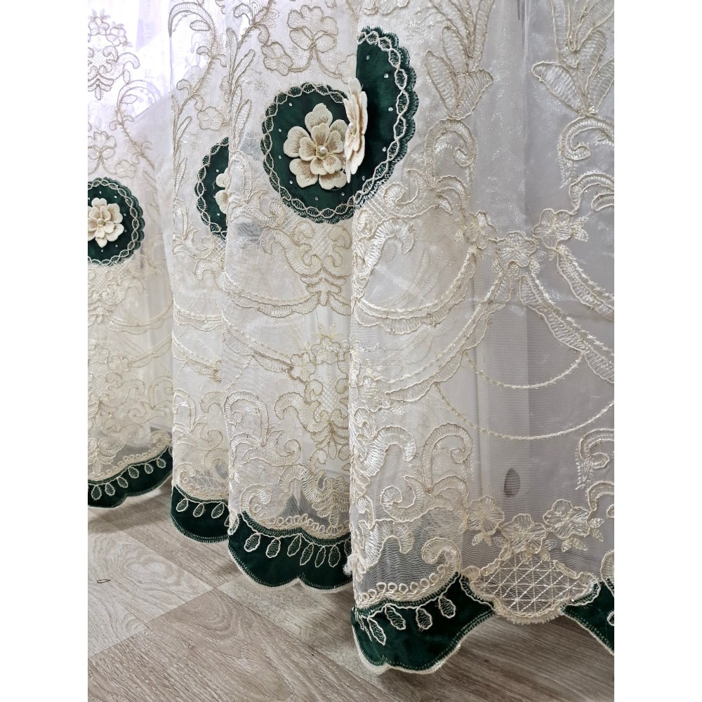 SET Perdea brodata FLORI 3D cu catifea VERDE 300CM X 280 CM PF3D3 DRAPERII