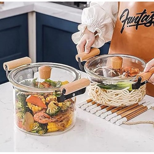 Oala Sticla Borosilicata - 2,5 litri, Termorezistenta, Transparenta, cu Capac si Maner din lemn, pentru Gatire si Servire CSB3