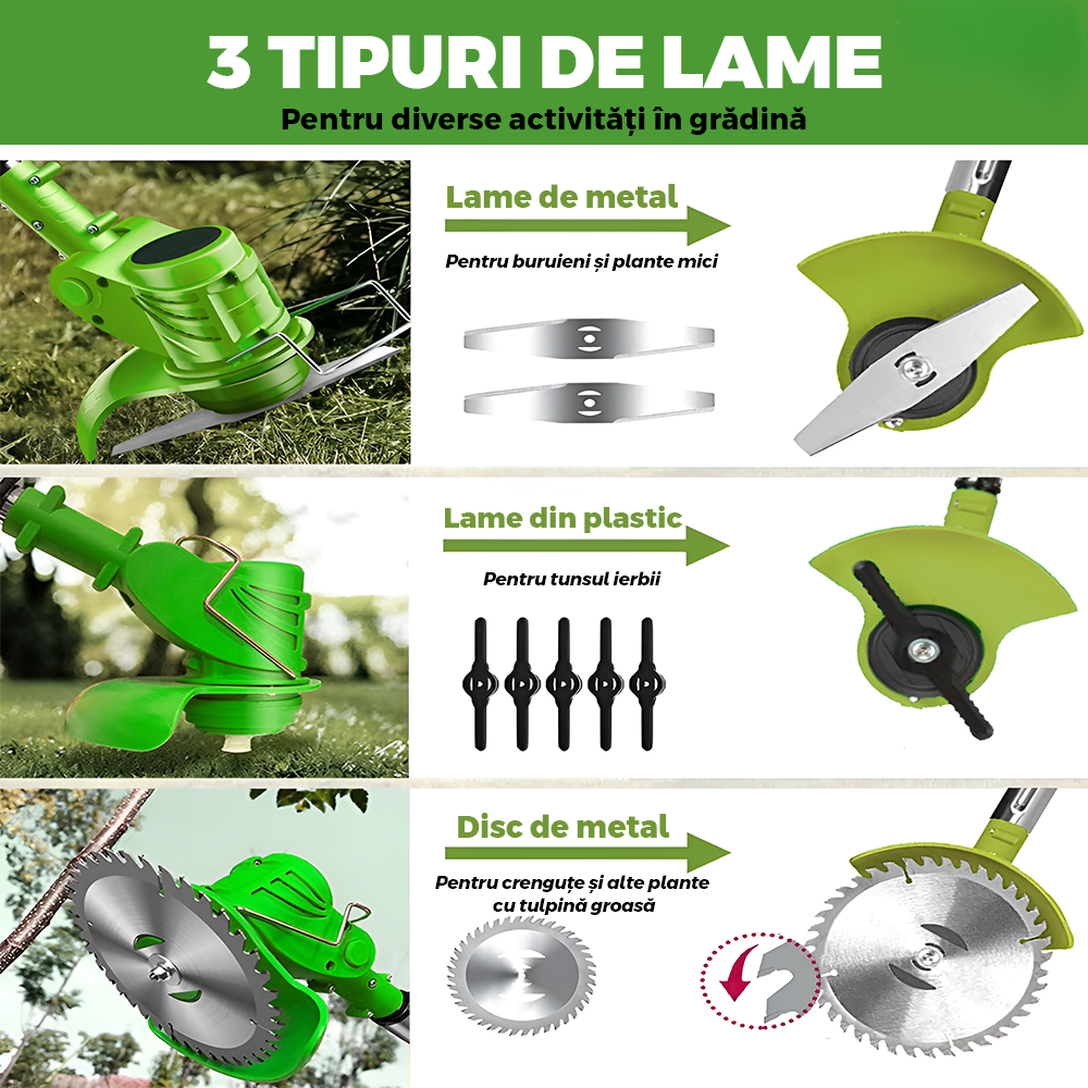 Motocoasa Electrica Teno1175, acumulator 48V, baston telescopic, 3 tipuri de lame pentru taiere, 18000 RPM, autonomie de 2-3 ore, accesorii incluse, verde ME1