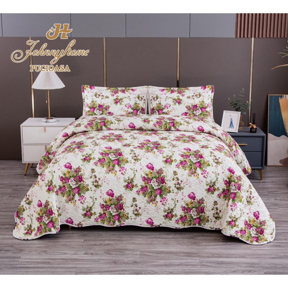 Cuvertura pentru pat dublu model cu model cu DOUĂ FEȚE, matlasata, Bumbac Satinat, V32A. Cuverturi matlasate 3 piese