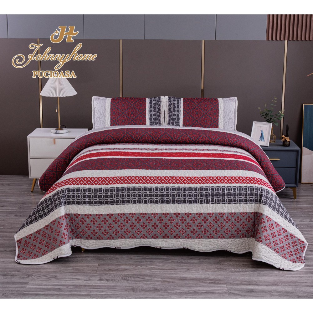 Cuvertura pentru pat dublu model cu model cu DOUĂ FEȚE, matlasata, Bumbac Satinat, V32A. Cuverturi matlasate 3 piese