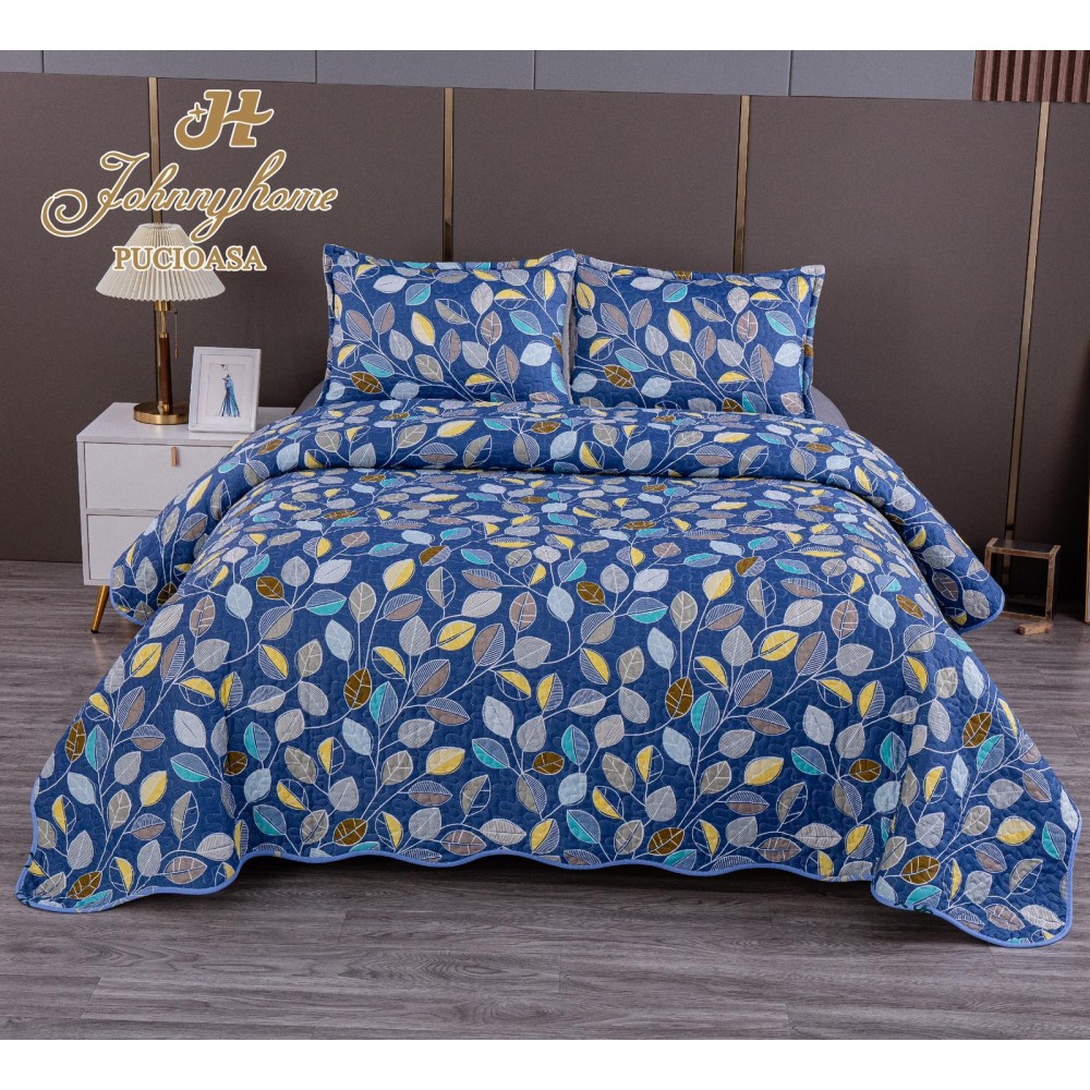 Cuvertura pentru pat dublu model cu model cu DOUĂ FEȚE, matlasata, Bumbac Satinat, V26A. Cuverturi matlasate 3 piese