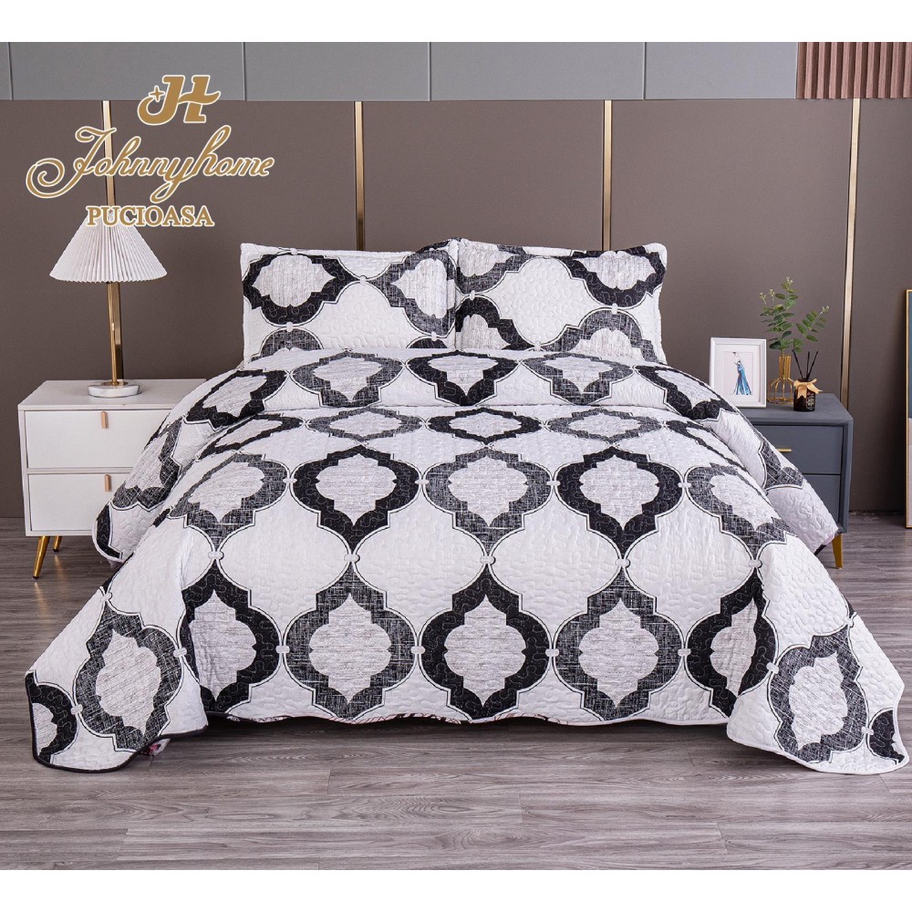 Cuvertura pentru pat dublu model cu model cu DOUĂ FEȚE, matlasata, Bumbac Satinat, V24A Cuverturi matlasate 3 piese