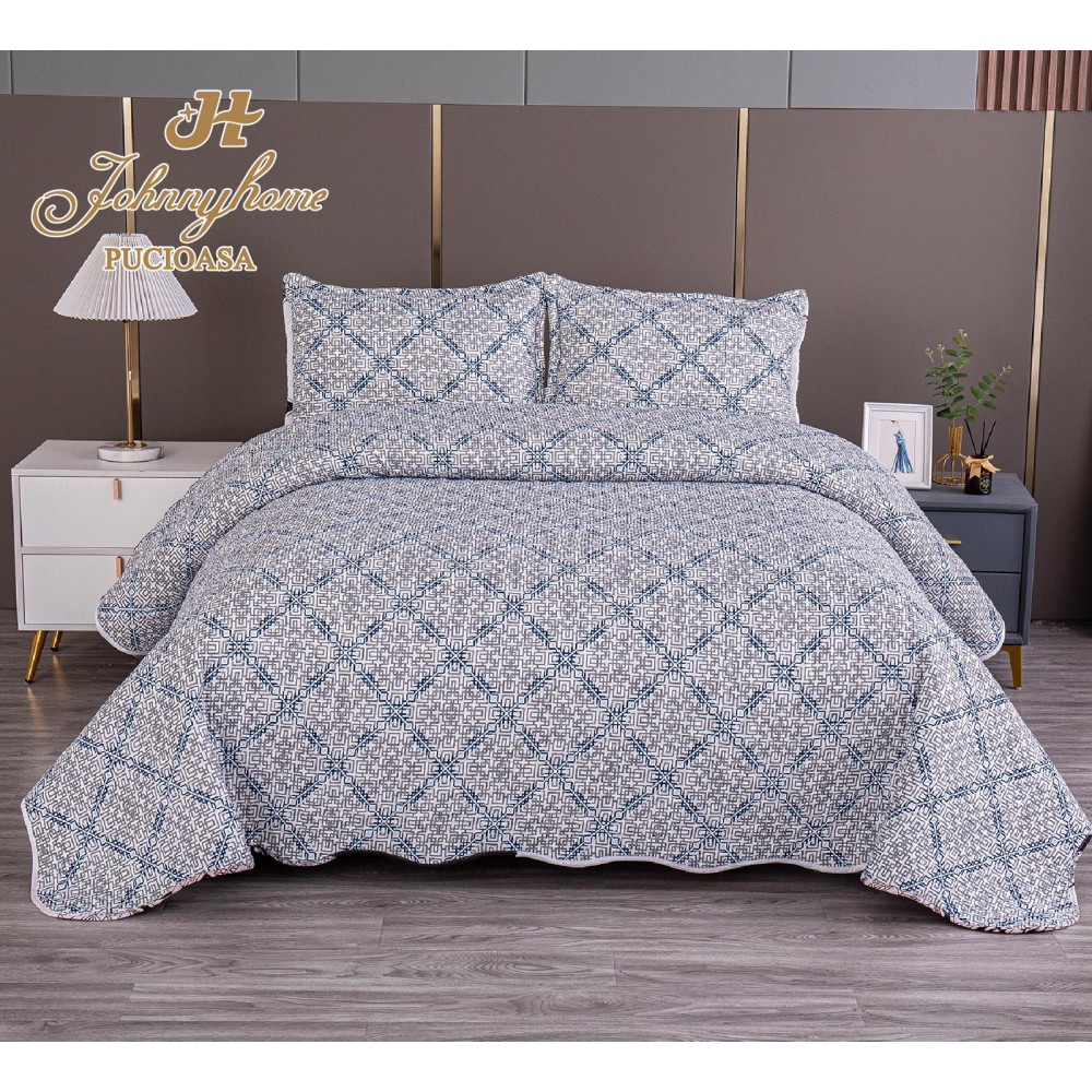 Cuvertura pentru pat dublu model cu model cu DOUĂ FEȚE, matlasata, Bumbac Satinat, V24A Cuverturi matlasate 3 piese