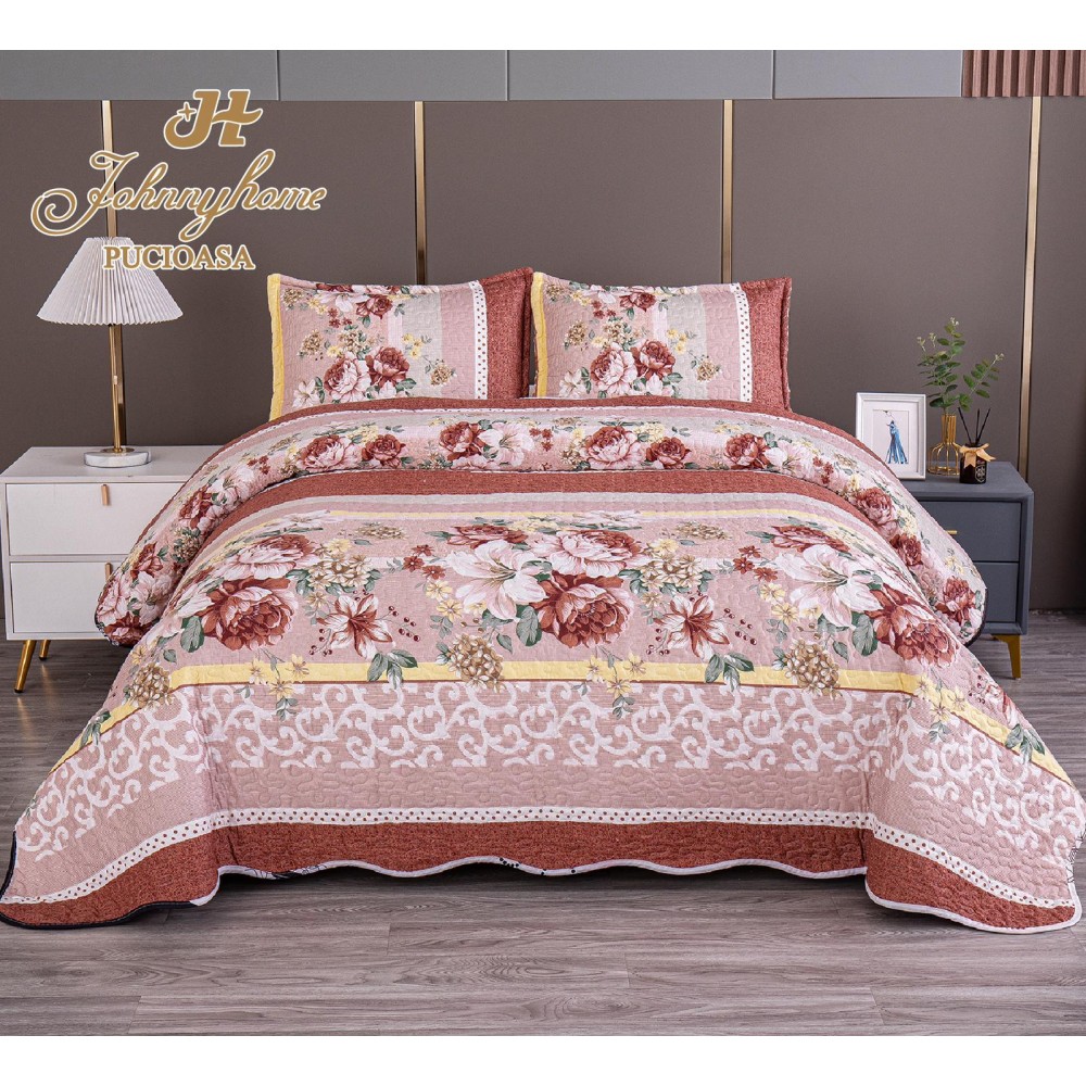 Cuvertura pentru pat dublu model cu model cu DOUĂ FEȚE, matlasata, Bumbac Satinat, V13A Cuverturi matlasate 3 piese