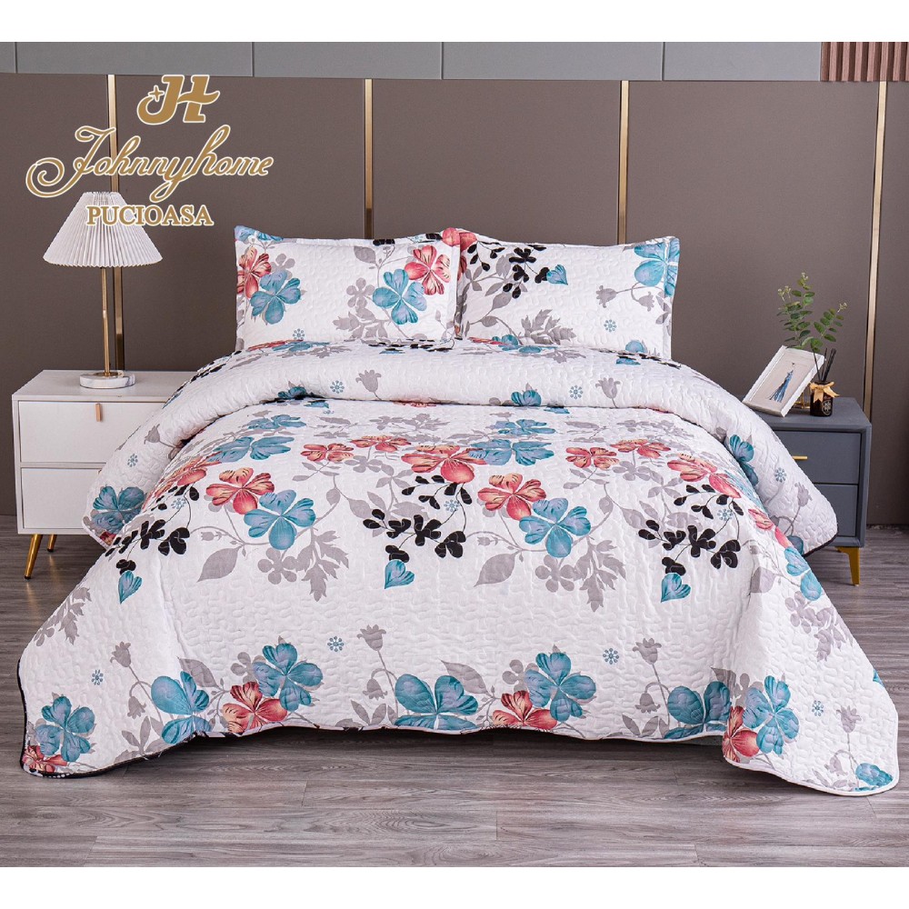 Cuvertura pentru pat dublu model cu model cu DOUĂ FEȚE, matlasata, Bumbac Satinat, V5A. Cuverturi matlasate 3 piese
