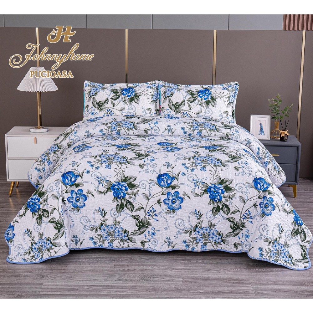 Cuvertura pentru pat dublu model cu model cu DOUĂ FEȚE, matlasata, Bumbac Satinat, V4A. Cuverturi matlasate 3 piese