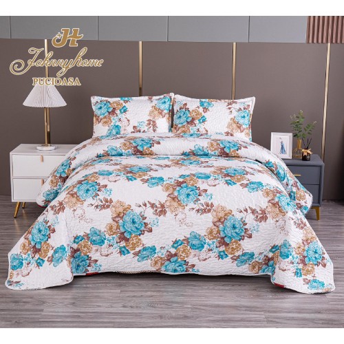 Cuvertura pentru pat dublu model cu model cu DOUĂ FEȚE, matlasata, Bumbac Satinat, V3A.