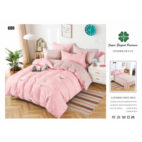 Set Lenjerie Eleganta 6 piese din Bumbac Finet, Cearceaf de pat 245x250cm, Pat 2 Persoane, SEP-25