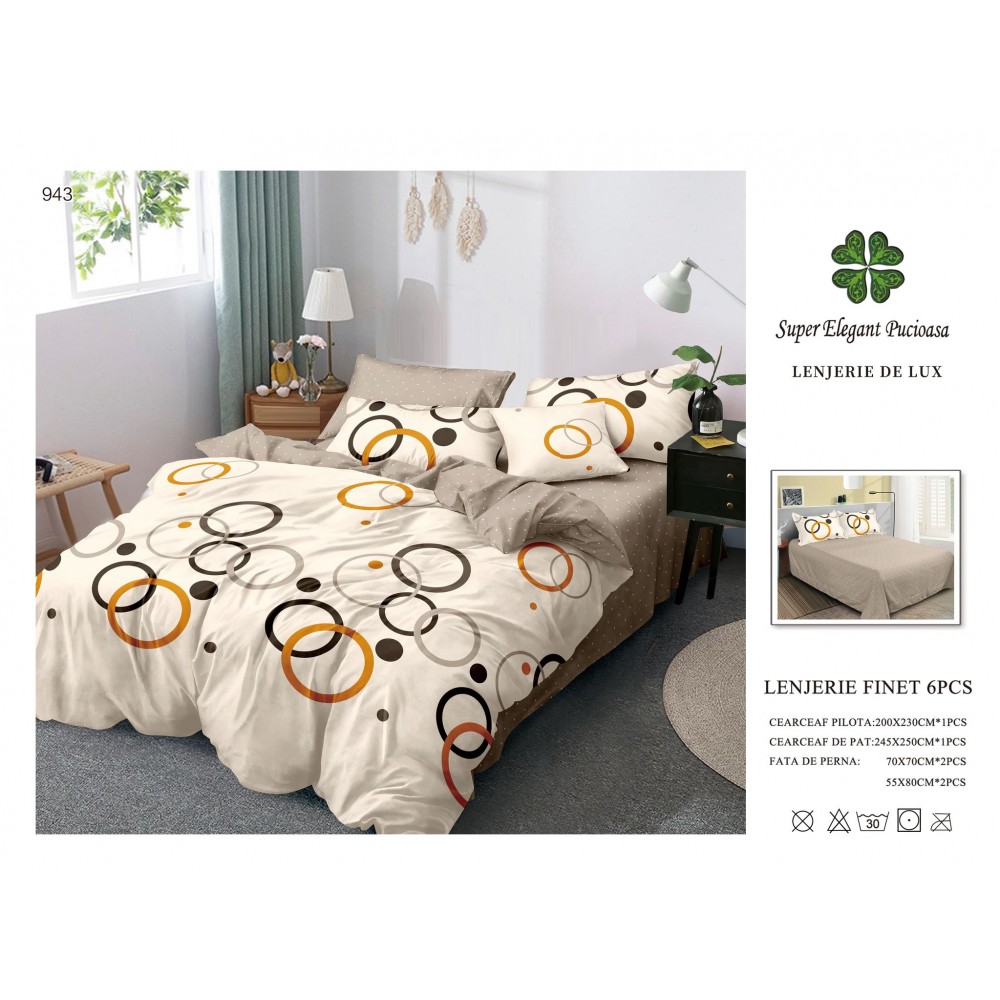 Set Lenjerie Eleganta 6 piese din Bumbac Finet, Cearceaf de pat 245x250cm, Pat 2 Persoane, SEP-27 Lenjerii din finet 6 piese