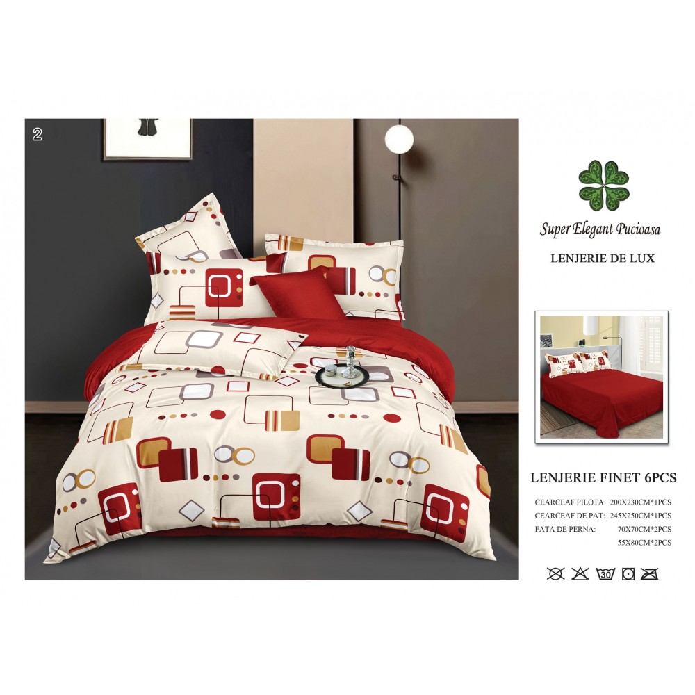 Set Lenjerie Eleganta 6 piese din Bumbac Finet, Cearceaf de pat 245x250cm, Pat 2 Persoane, SEP-29 Lenjerii din finet 6 piese