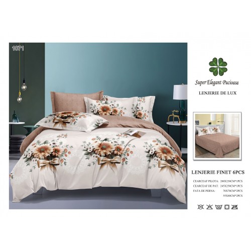 Set Lenjerie Eleganta 6 piese din Bumbac Finet, Cearceaf de pat 245x250cm, Pat 2 Persoane, SEP-30