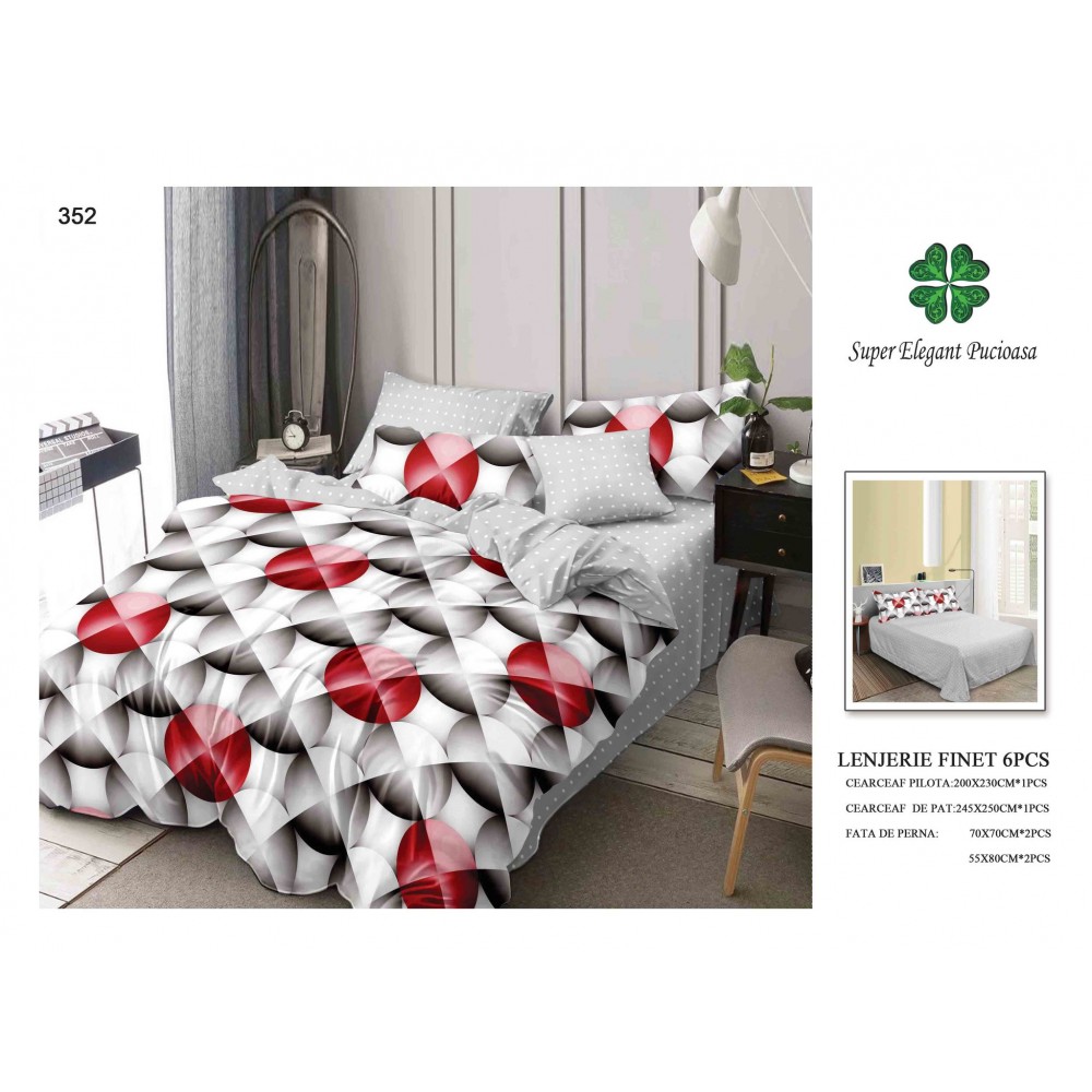 Set Lenjerie Eleganta 6 piese din Bumbac Finet, Cearceaf de pat 245x250cm, Pat 2 Persoane, SEP-31 Lenjerii din finet 6 piese