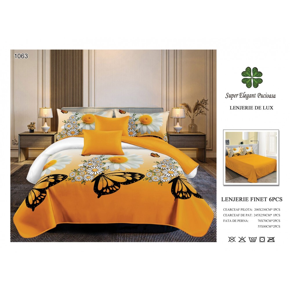 Set Lenjerie Eleganta 6 piese din Bumbac Finet, Cearceaf de pat 245x250cm, Pat 2 Persoane, SEP-32 Lenjerii din finet 6 piese