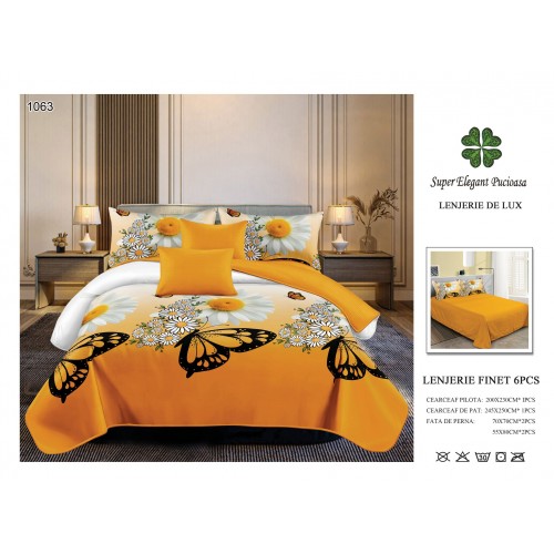 Set Lenjerie Eleganta 6 piese din Bumbac Finet, Cearceaf de pat 245x250cm, Pat 2 Persoane, SEP-32