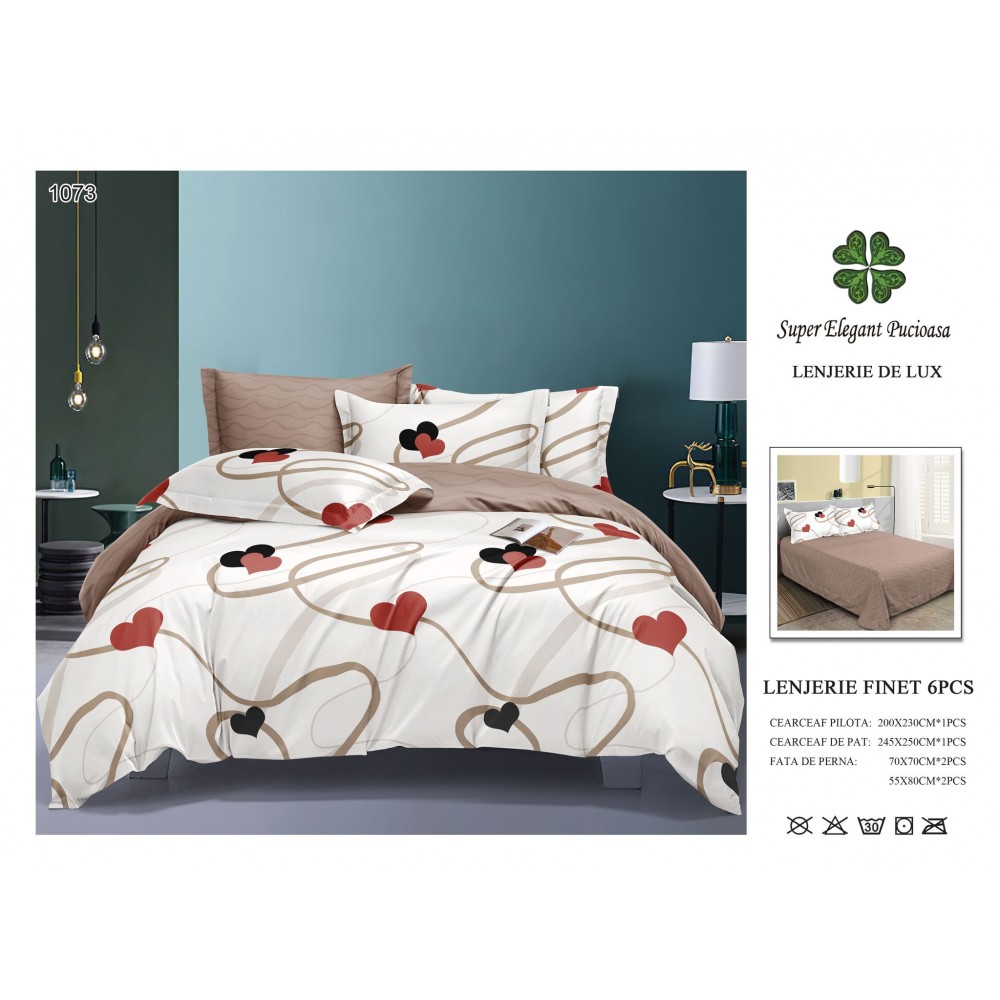 Set Lenjerie Eleganta 6 piese din Bumbac Finet, Cearceaf de pat 245x250cm, Pat 2 Persoane, SEP-33 Lenjerii din finet 6 piese